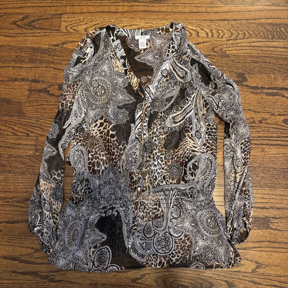 Cache Silk Leopard Whimsical Fairy V Neck Sheer Top